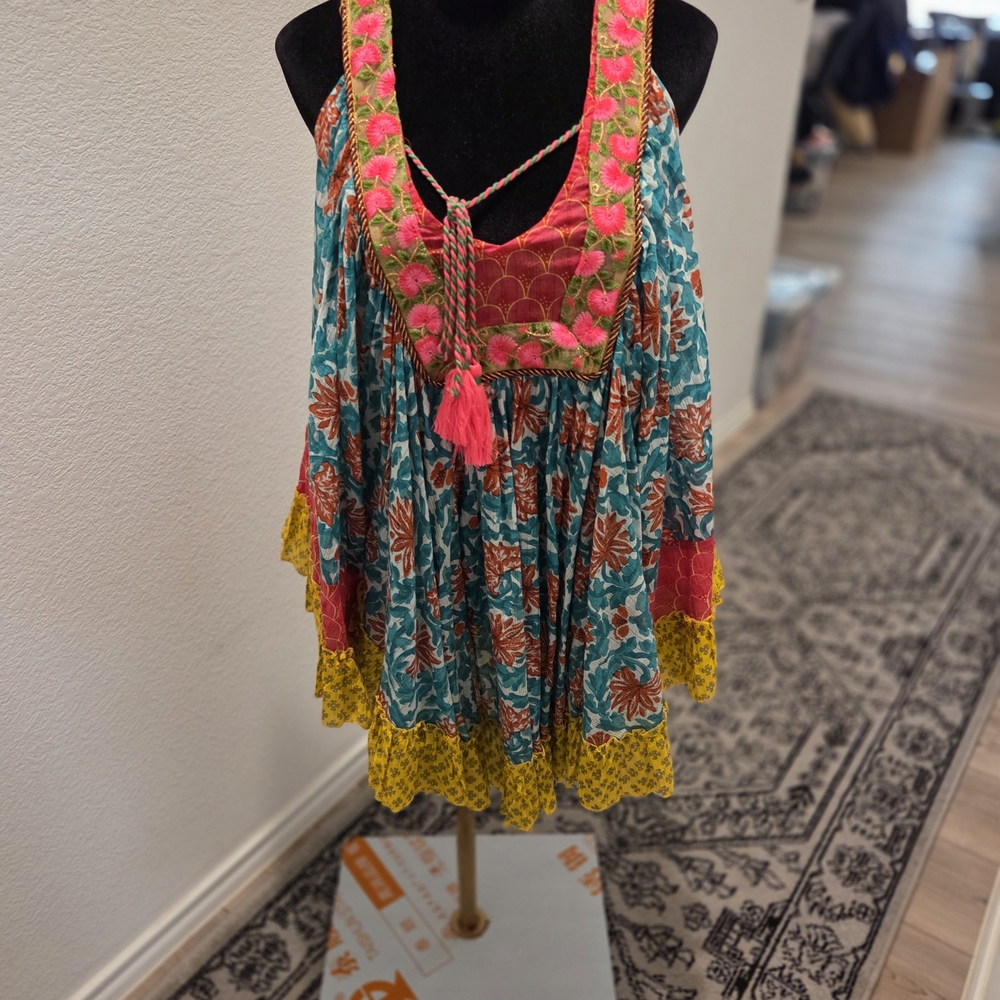 Christina Paris Boho Floral Tiered Suntop. Tassel Tie Teal, Pink & Yellow. L